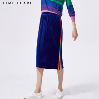 LIMEFLARE/莱茵福莱尔【商场同款】丝绒条纹显瘦高腰开衩半身裙_2