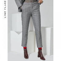 莱茵秋装新款韩版复古格纹休闲裤直筒高腰通勤格子裤子女_2