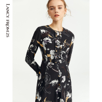 朗姿秋装新款连衣裙中裙气质修身真丝套头印花雪纺黑色裙子女