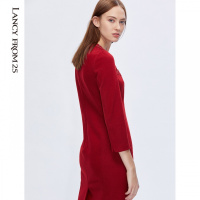 朗姿秋冬年新款女中长款蕾丝拼接重工镶钻红色羊毛包臀连衣裙