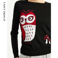 朗姿秋季女装新款羊毛针织衫圆领俏皮动物印花梭边袖口毛衣