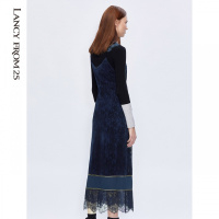 朗姿秋冬装新款轻熟风蕾丝花边v领无袖修身性感吊带连衣裙子