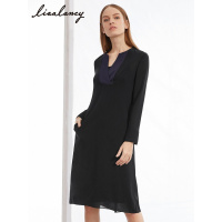 俪雅春装新款高腰内搭中长裙V领长袖纯羊毛黑色连衣裙女裙子