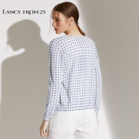 商场同款朗姿春秋新款长袖修身毛衣格子文艺纯羊毛针织开衫女