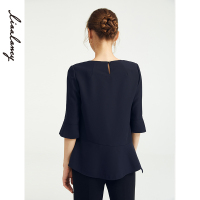 朗姿秋季新款衬衫女圆领套头不对称藏蓝色高腰设计感小众上衣