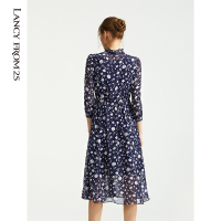 朗姿裙子女秋季新款连衣裙半高领高腰法式桔梗裙A字裙中长裙