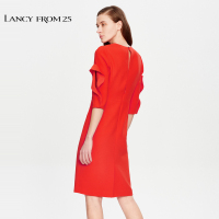 朗姿春装新款时尚女装收腰包臀裙红色五分袖心机连衣裙女裙子
