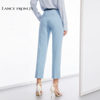 朗姿春装新款时尚气质长裤休闲裤高腰修身蓝色直筒裤女裤子