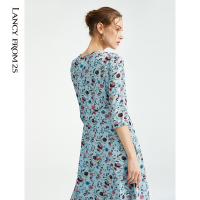 朗姿裙子女秋装新款A字裙高腰修身七分袖印花真丝连衣裙女