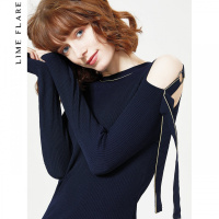 【商场同款】莱茵春季新款圆领露肩针织衫长袖打底衫修身套头衫_2