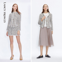 朗姿春季新款气质百搭ins法式小香风外套女粗花呢套装上衣潮