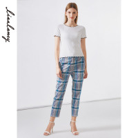 预售俪雅裤子女夏装韩版九分裤显瘦休闲裤格纹蓝色直筒裤女