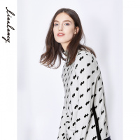 俪雅秋冬季新款针织衫女几何方块提花100%羊毛修身打底衫毛衣