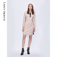 朗姿冬装连衣裙女新款羊毛高腰小香风拼色针织娃娃领一步裙子