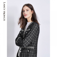 朗姿秋冬款小香风外套女新款法式气质优雅钉珠格纹编织短外衣