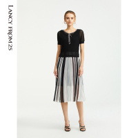 朗姿秋装新款连衣裙条纹高腰拼接黑色两件套短袖针织百褶裙女