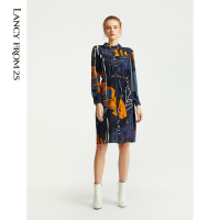 朗姿秋装年新款真丝衬衫连衣裙女100%桑蚕丝撞色印花中长裙子