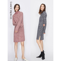 朗姿女装秋冬新款慵懒风半高领短款棉羊毛兔毛混纺针织连衣裙