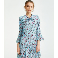 朗姿裙子女2019秋装新款A字裙高腰修身圆领时尚碎花真丝连衣裙女