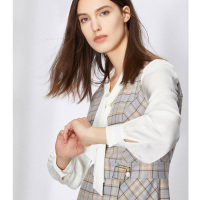 朗姿秋冬装2019新款法式v领格纹高腰无袖连衣裙英伦学院风长裙子