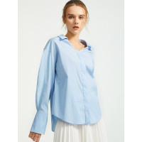 朗姿2019秋季新款衬衫女V领单排多扣蓝色纽扣直筒韩版宽松衬衣女