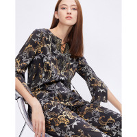 朗姿2019新款秋冬女金属丝刺绣卷纹印花桑蚕丝衬衫真丝轻熟上衣