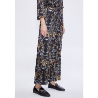 朗姿2019年秋冬新款真丝休闲宽腰长裤雅复古印花桑蚕丝阔腿裤