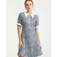 朗姿2019秋新款连衣裙女POLO领修身气质高腰蓝色短袖A字裙中长裙