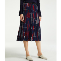 朗姿2019年秋装新款半身裙中长款裙子女印花百褶裙高腰半裙撞色