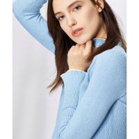 朗姿2019秋冬新款针织上衣女长袖气质撞色坑条修身显瘦羊毛衫毛衣