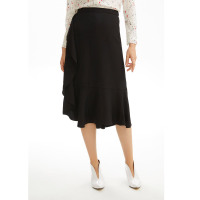 朗姿2019年秋新款通勤不规则职业荷叶边中长款黑色高腰a字半身裙