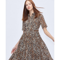 朗姿秋装2019年新款不规则豹纹连衣裙收腰显瘦气质百褶裙女中长款