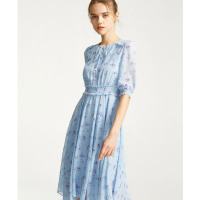 朗姿裙子女2019秋装新款中长裙不规则五分袖印花碎花雪纺连衣裙女