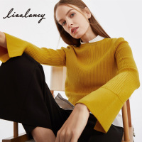 俪雅2019春装新款假两件拼接毛衣长袖套头内搭高含羊毛针织衫女春