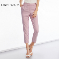 朗姿 2019春装新款韩版长裤气质休闲裤修身高腰粉色直筒裤女裤子