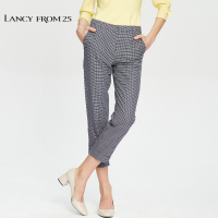 朗姿春秋装新款时尚韩版格子休闲裤千鸟格修身直筒裤七分裤裤子女