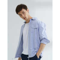 大卫山 青年休闲条纹长袖衬衫男方领纯棉衬衣