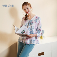 安之伴特卖棉质睡衣女士V领长袖春季简约甜美清新阔腿长裤家居服