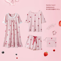 安之伴特卖草莓短袖睡衣女夏甜美可爱棉质家居服套装