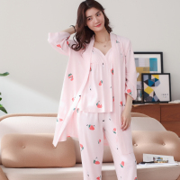 安之伴春秋睡衣棉质草莓开襟长袖女士家居服套装