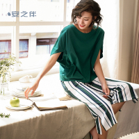 安之伴特卖棉质睡衣女夏宽松韩版短袖条纹七分裤大码外穿两件套家居服