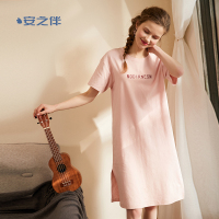 安之伴棉质睡裙女夏季短袖开叉中裙薄款休闲宽松少女可外穿家居服