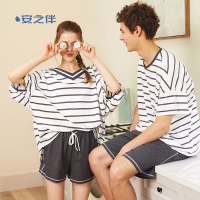 安之伴情侣睡衣女夏季薄款条纹V领棉质短袖休闲宽松男家居服睡裙