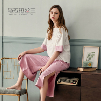 乌拉拉公主棉质弹力针织素色五分袖女套装两家套