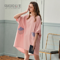 乌拉拉公主缎纹棉竹节拉架素色插草莓绣花短袖女裙W92J7295