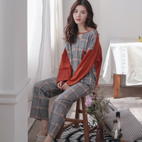 安之伴春秋睡衣棉质素色插印格圆领长袖女士家居服套装D73B218