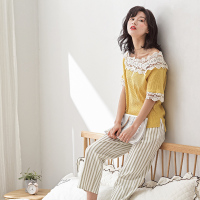 安之伴棉质单面针织素色插印条短袖女套装B72B432