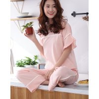 安之伴休闲棉质单面针织素色短袖长裤女套装B72B209