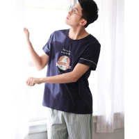 安之伴棉质弹力针织素色插印条短袖男套装B72B130