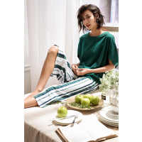 安之伴棉质弹力针织素色插印彩条短袖女套装B72B240